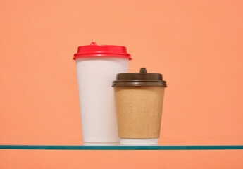 Two ecological cups of coffee and tea. Organic products.