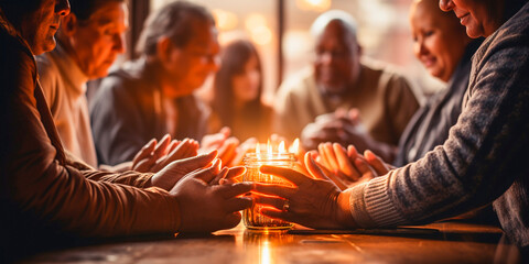 A group of people pray and worship God together. Studying the Bible and discussing issues of faith and belief. General beliefs in goodness and positivity. - obrazy, fototapety, plakaty