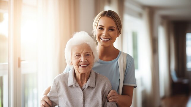 Elder and nurse assistance support and helping senior patient at home and clinic for physical therapy, elder care concept