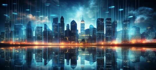Futuristic cityscape with neon lights, skyscrapers, and bokeh background of flying drones