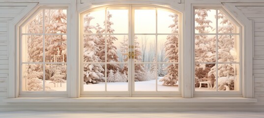 Winter mountain view through cottage window, snowy christmas nature background for display