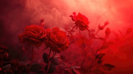 Red Roses in a Smoke-Filled Romance moody lighting, dark red and black background, smoke effect, soft focus, atmospheric ambiance