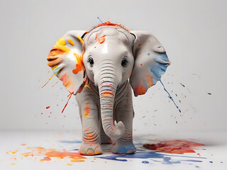 Cute baby elephant with spots of colorful paints on head against white background