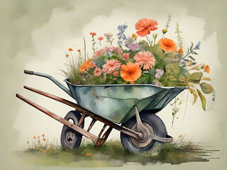Watercolor old corroded wheelbarrow with bunch of various flowers and green grass