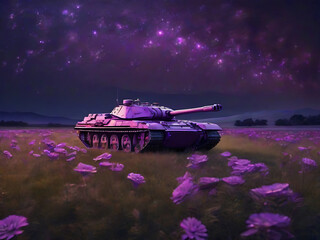 Tank placed on grassy field and decorated with purple flowers against night sky new