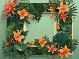 Tropical green leaves and exotic blooming flowers arranged in square frame new