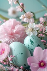 Pastel color Easter eggs with spring flowers on green loan close up.