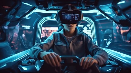 Futuristic simulator seat cockpit, Man experiences the 360 Virtual Reality in German Museum (Das Deutsche museum) - obrazy, fototapety, plakaty