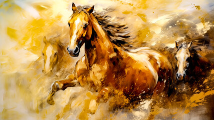 Painting of brown horse running in the wind on yellow background.