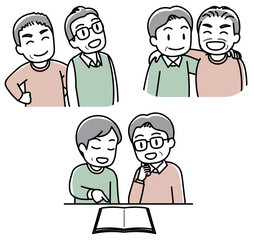 仲の良いシニア男性ペア（肩を組む・見上げる・資料を見る）