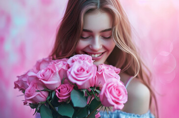 happy girl holding bouquet of pink roses