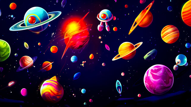 Space scene with lot of planets and lot of stars in the sky.