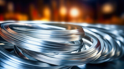 Close-up of aluminum wire spools in a manufacturing plant. Aluminum production. Metalworking. Selective focus.