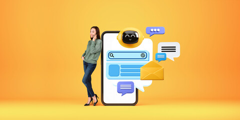 Woman with phone and AI virtual assistant