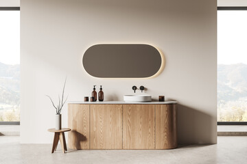 Beige bathroom interior with tub - obrazy, fototapety, plakaty