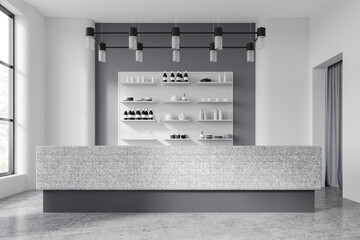 Modern cafe interior with stone bar counter and shelf with dishes, window
