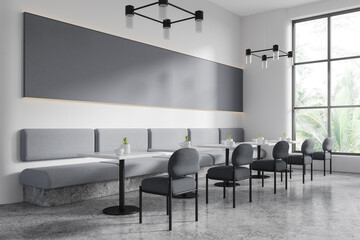 Modern restaurant interior with chairs and tables in row, mock up canvas