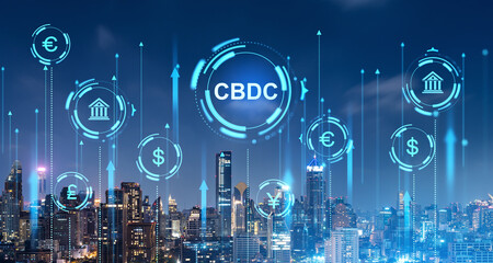 CBDC central bank digital currency interface in night city - obrazy, fototapety, plakaty