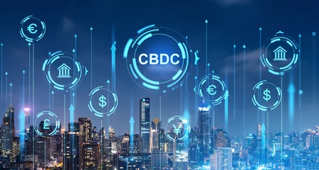 Foto op Plexiglas CBDC central bank digital currency interface in night city © ImageFlow