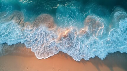 Fototapeta na wymiar Aerial view of a sandy beach with waves creating foam patterns, late afternoon sun.
