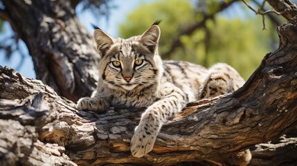 Naklejka na ściany i meble Beautiful bobcat perched on tree branch in wild, wildlife photography