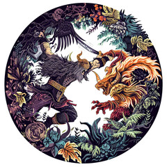 Botanical Circle Viking Warrior Battle T-Shirt Design Illustration