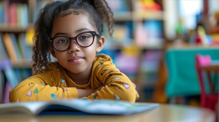 Young African American girl reading a book in the library, education concept