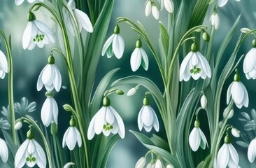 watercolor illustration first spring snowdrops flowers background.