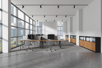 Panoramic white open space office interior with cabinets