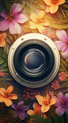 Photo camera lens on floral blossom beautiful background, natural vertical close-up. Generative AI illustration