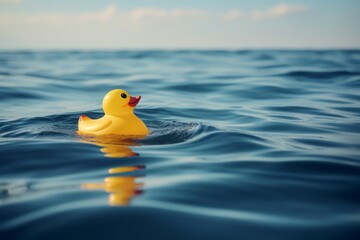 Rubbery duck toy floating in the sea. Playing bath duckie bobbing on water waves. Generate ai