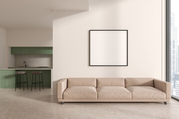White and green kitchen interior with island, sofa and poster