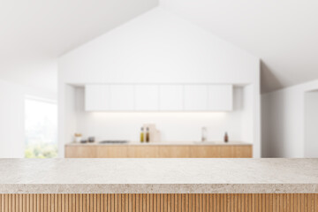 Empty quartz counter on background of kitchen interior with window. Mockup