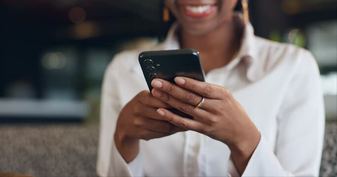 Hands, phone and happy woman at outdoor night cafe with social media, text or web chat closeup. Smartphone, search and female person in a restaurant with online dating app, streaming or blog scroll