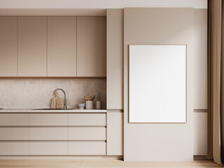 Beige home kitchen interior with cooking cabinet, sink and mockup frame