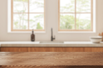 Product display desk in white kitchen with window