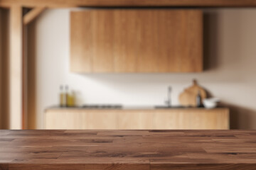 Wooden mock up table on background of kitchen interior with kitchenware