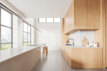 Elegant home kitchen interior with bar counter and cabinet, panoramic window