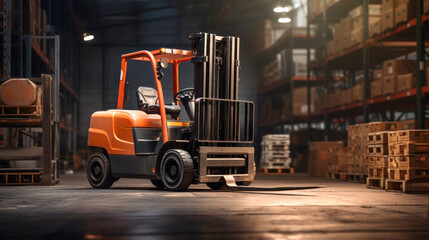 A small forklift on a huge warehouse transports pallets with boxes. Cargo handling.