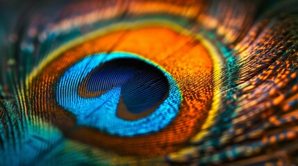 Vibrant detailed shot of a peacock feather. Emphasizing the iridescent colors and patterns, studio lighting.