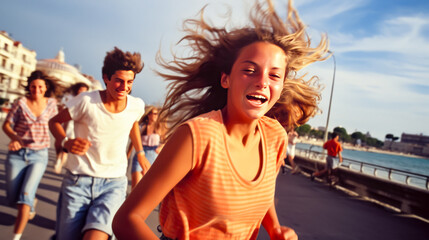 Group of young people running down street with their hair blowing in the wind.