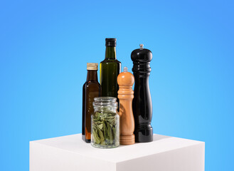 Various spices, bay leaf and oils. Lunch or other food.