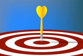 Fototapeta na wymiar Yellow darts arrows in the target center. Success hitting target goal achievement concept. Business success