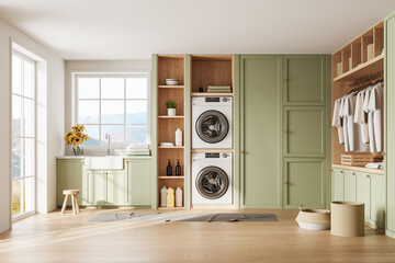 White and green laundry room interior
