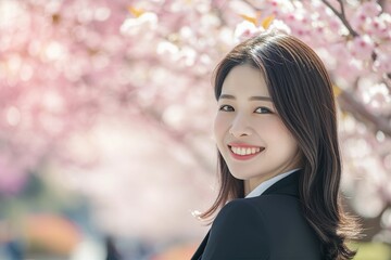 桜と笑顔の会社員のポートレート（新入社員・入社式・花見・新人）