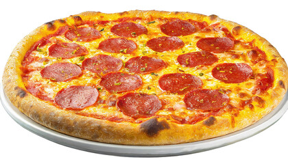 Pepperoni pizza isolated on a transparent background. Top view.