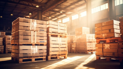 Retail warehouse full of shelves with goods in cardboard boxes, with pallets and forklifts. Logistics and transport blurred background. Product distribution center