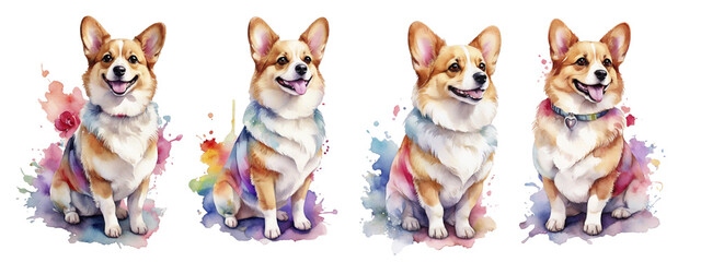 Corgi with flowers watercolor set, isolated on Background, generated ai