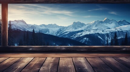 Snowy winter cottage window view of mountains and forest for product display or christmas scene.