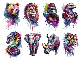 Animals watercolor set, isolated on Background, generated ai